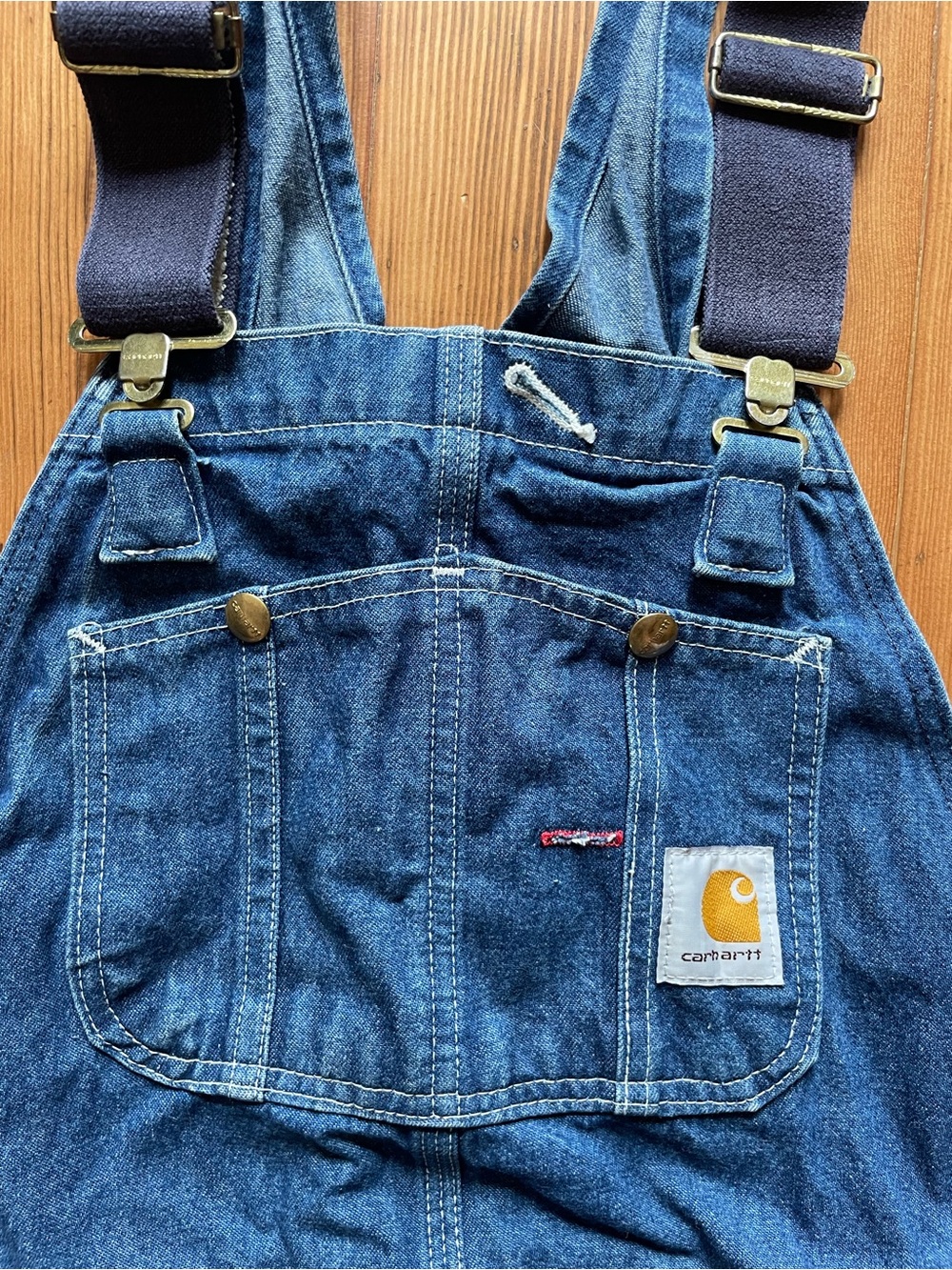 Carhartt Blue Denim Overalls with Dark Navy Suspenders